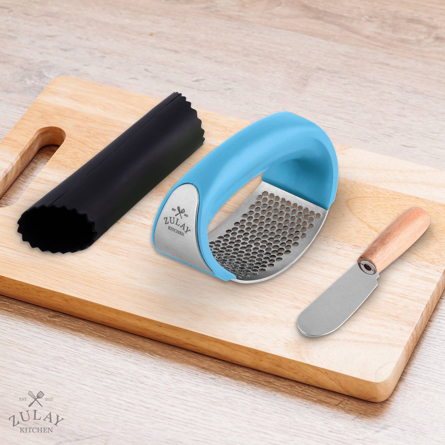 Garlic Press Rocker With Silicone Peeler & Scraper Set: Blue