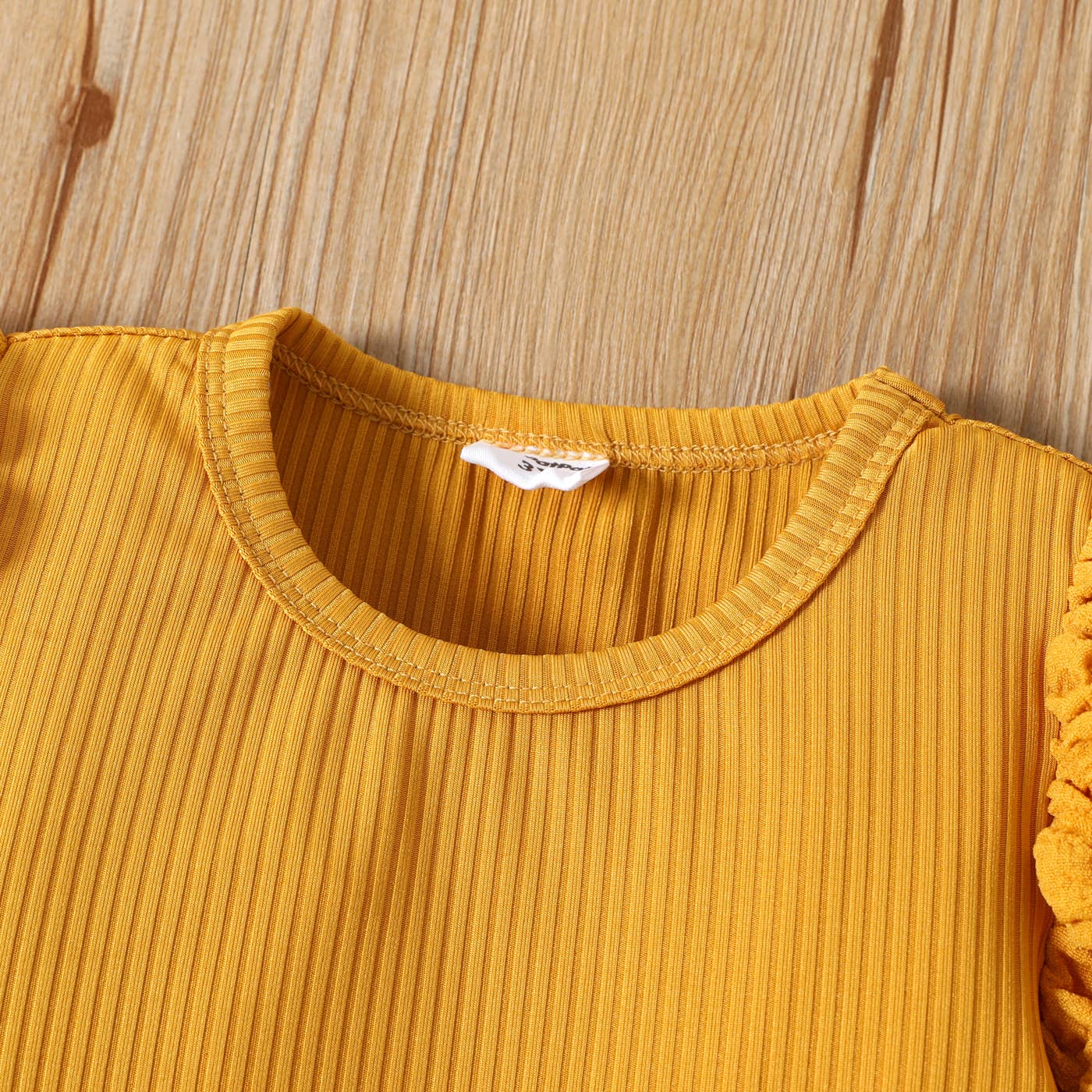 Girl Textured Ribbed Long Puff-sleeve Solid Color Tee: Apricot / 3-4 Years