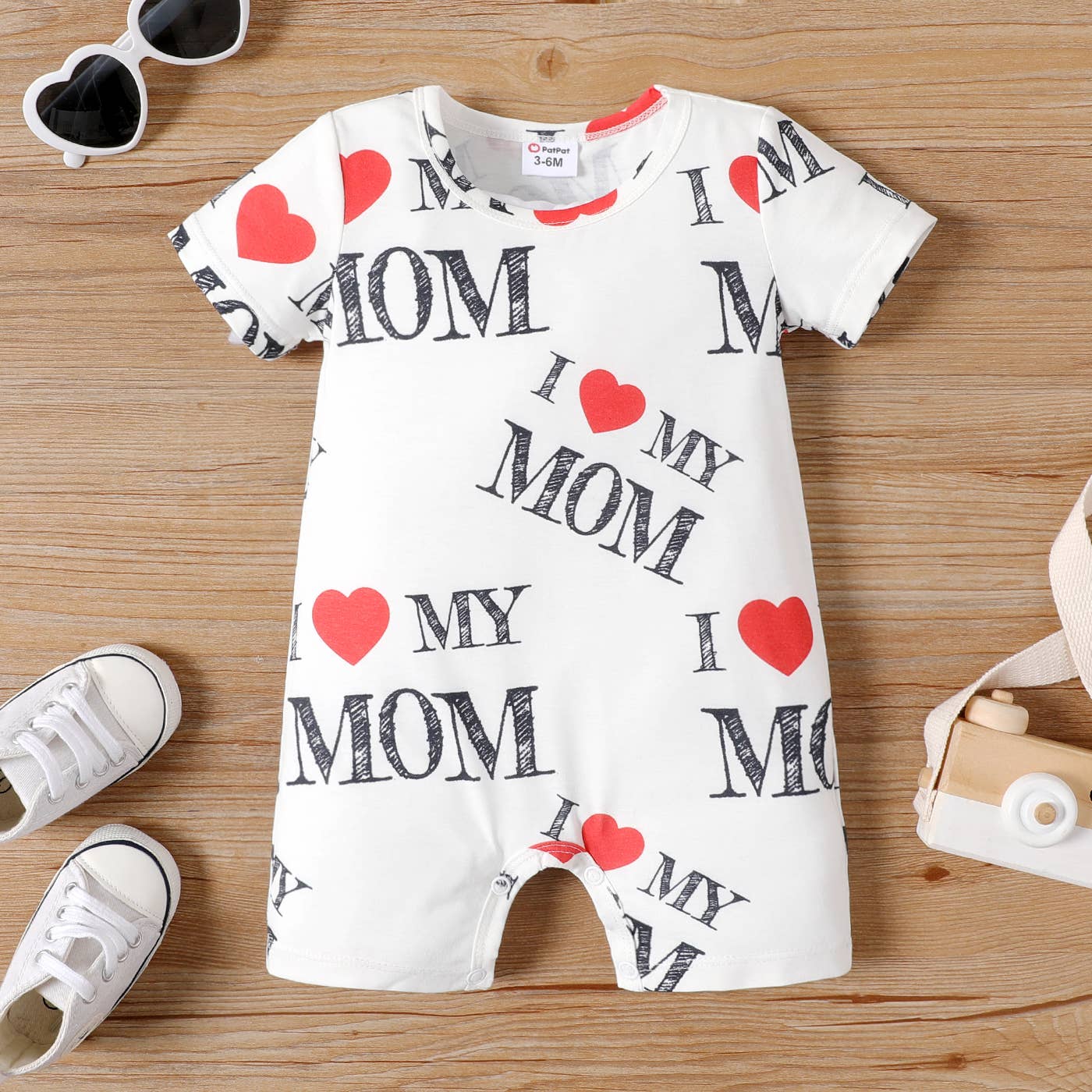 Baby Boy/Girl Allover & Heart Short-sleeve Naia™ Romper: 9-12 Months / White