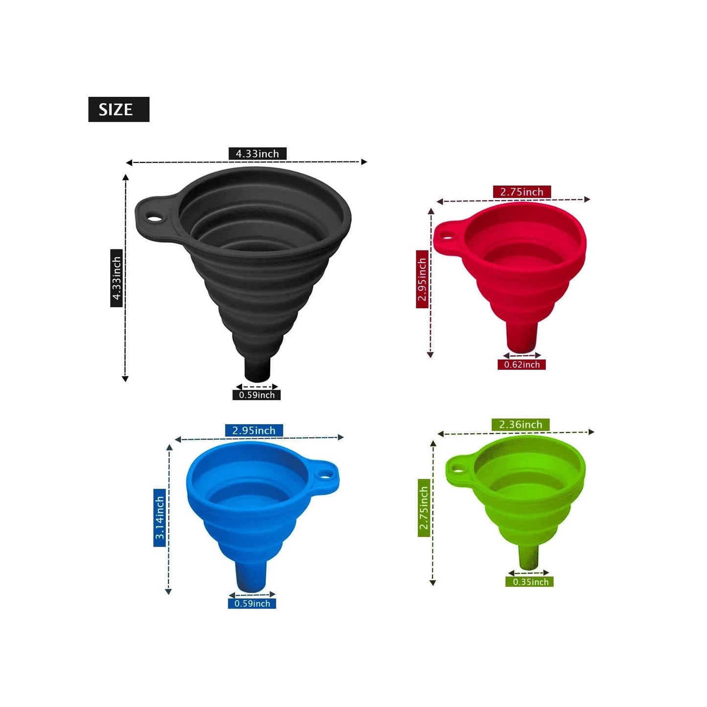 ASSORTED Silicone Collapsible Kitchen Funnel - X-Small to Large Sizes for Easy Liquid Transfer Food Grade Silicone Collapsible Gadgets