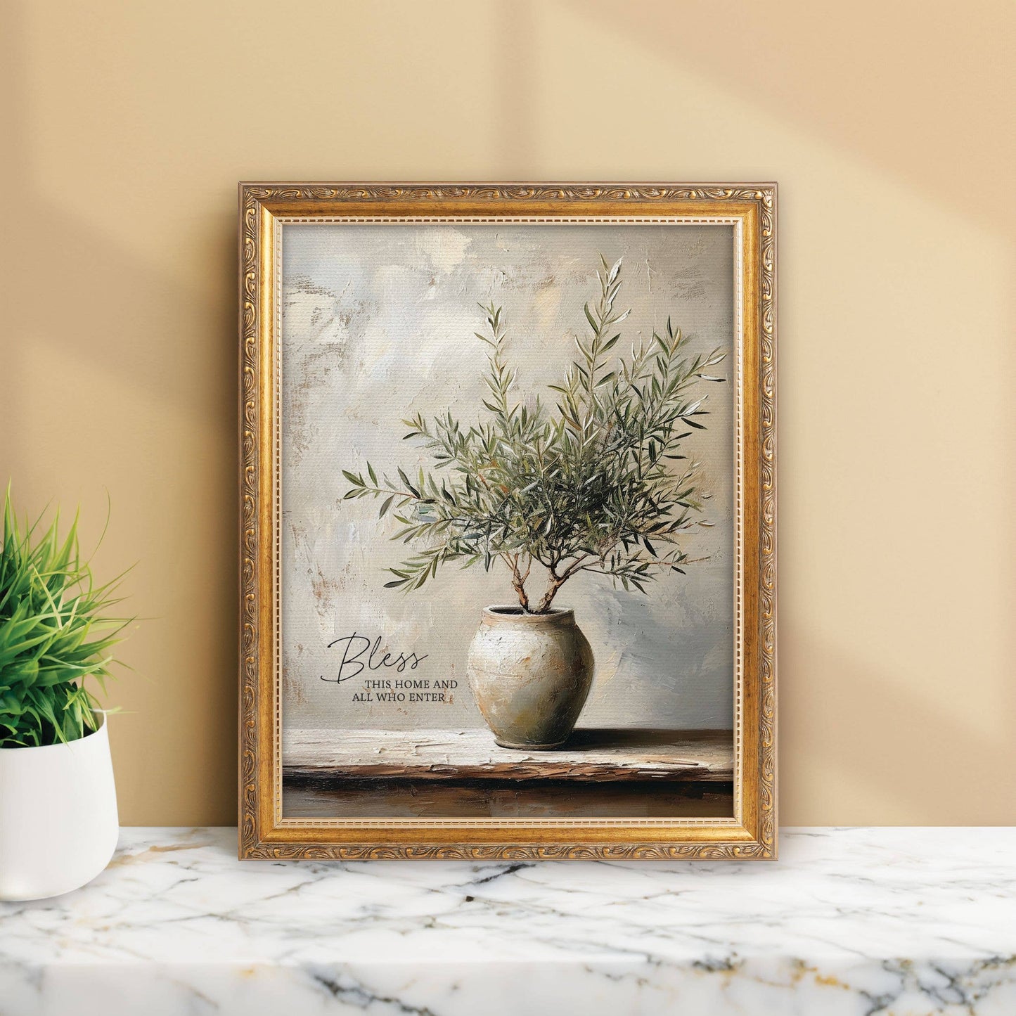 Bless This Home And All Who Enter Gold Framed Linen