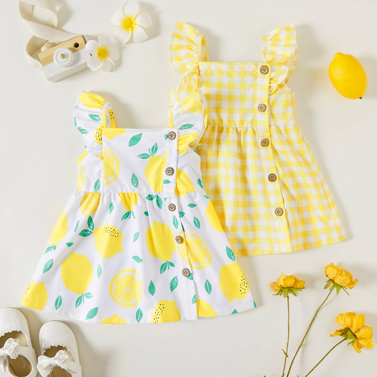 1pc Baby Girl Plaid&Lemon&Fruit Sweet Dress: Yellow / 9-12 Months
