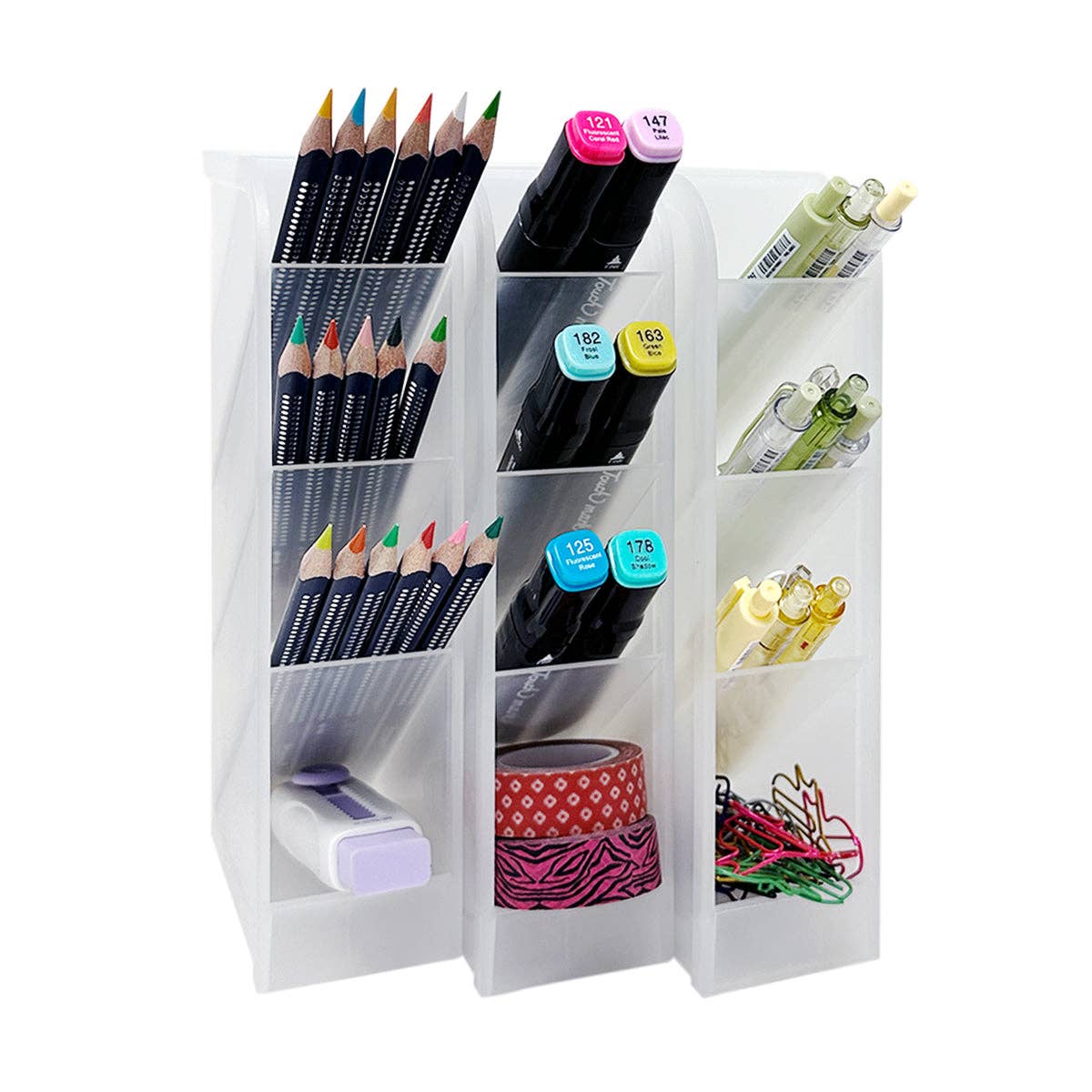 Wrapables Pen Organizer with 4 Compartments Desktop Storage: Large (2pcs) / Clear