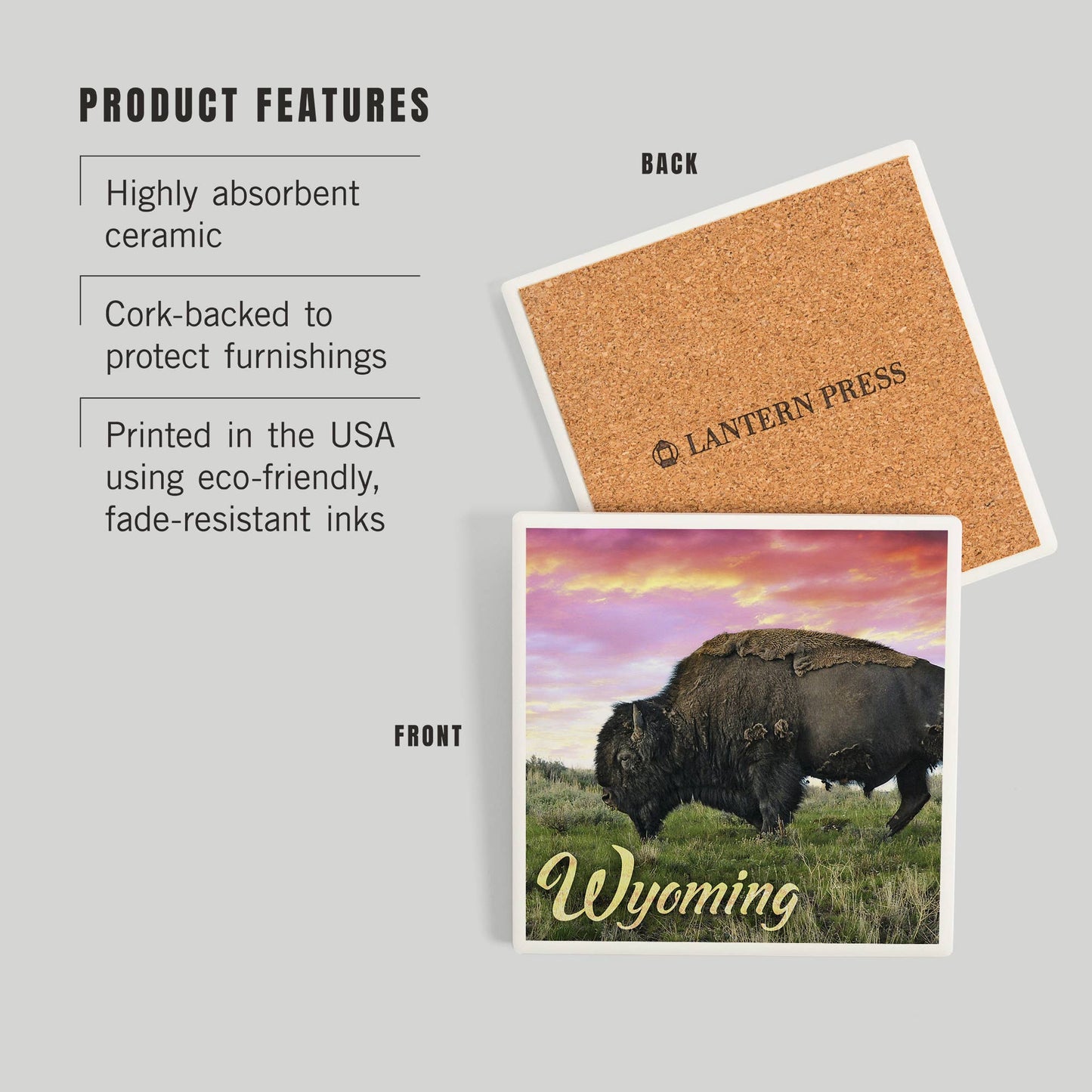 CERAMIC COASTER Wyoming, Buffalo Grazing and Sunset