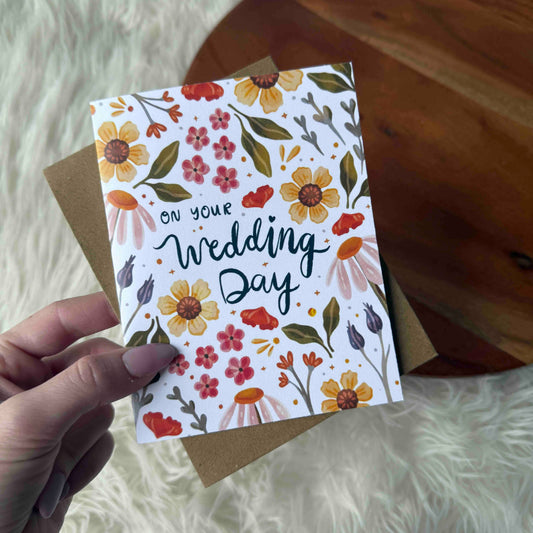 "On your wedding day" Yellow Red Floral Pattern Card