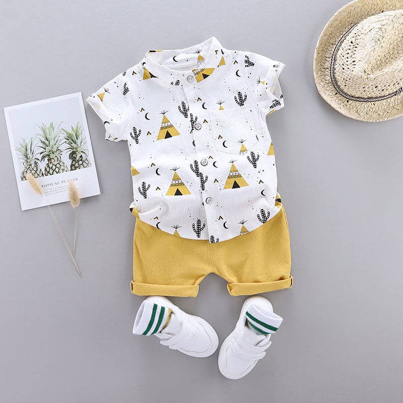 Cactus Print Short-sleeve Shirt and Pants Set: Blue / 9-12 Months