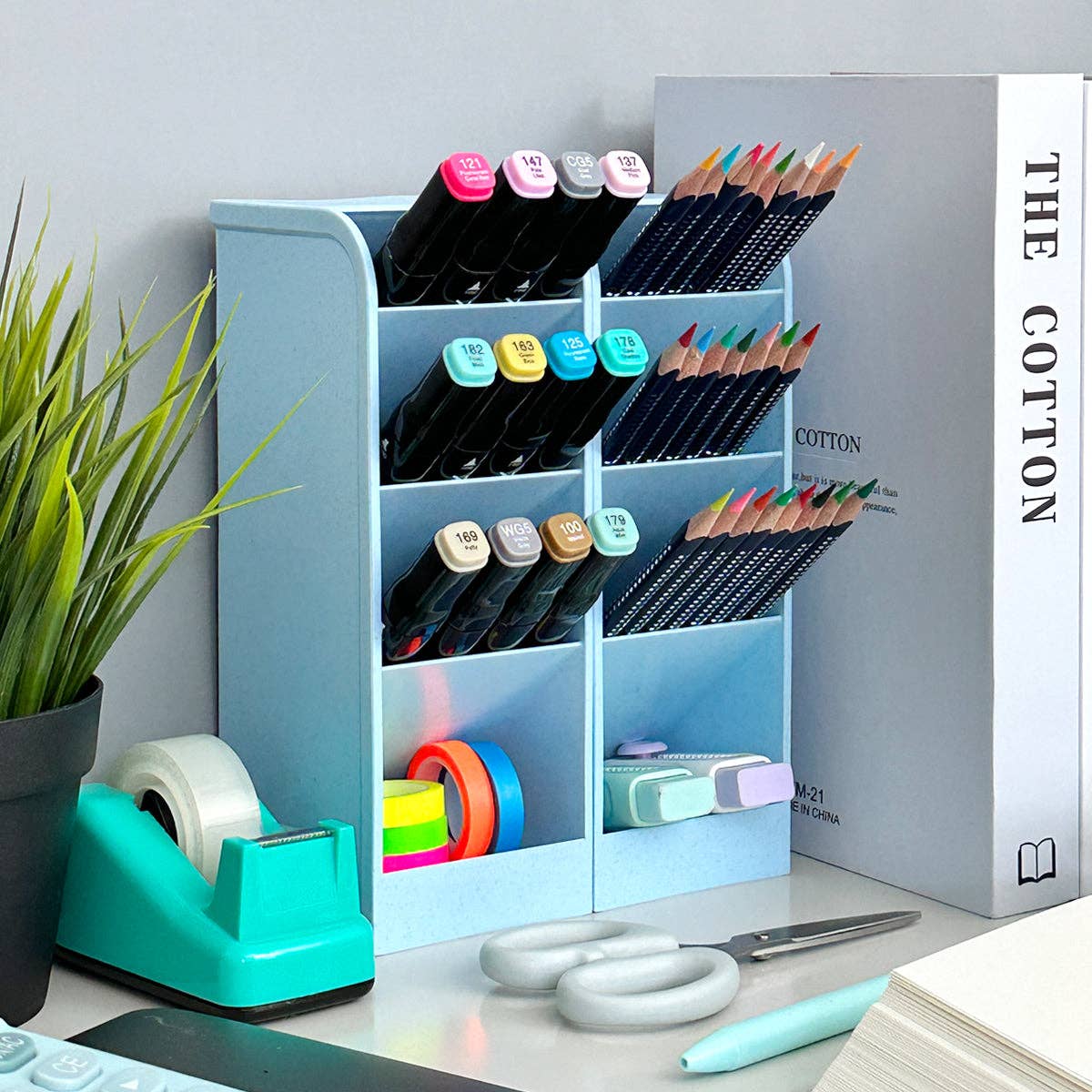 Wrapables Pen Organizer with 4 Compartments Desktop Storage: Large (2pcs) / Clear