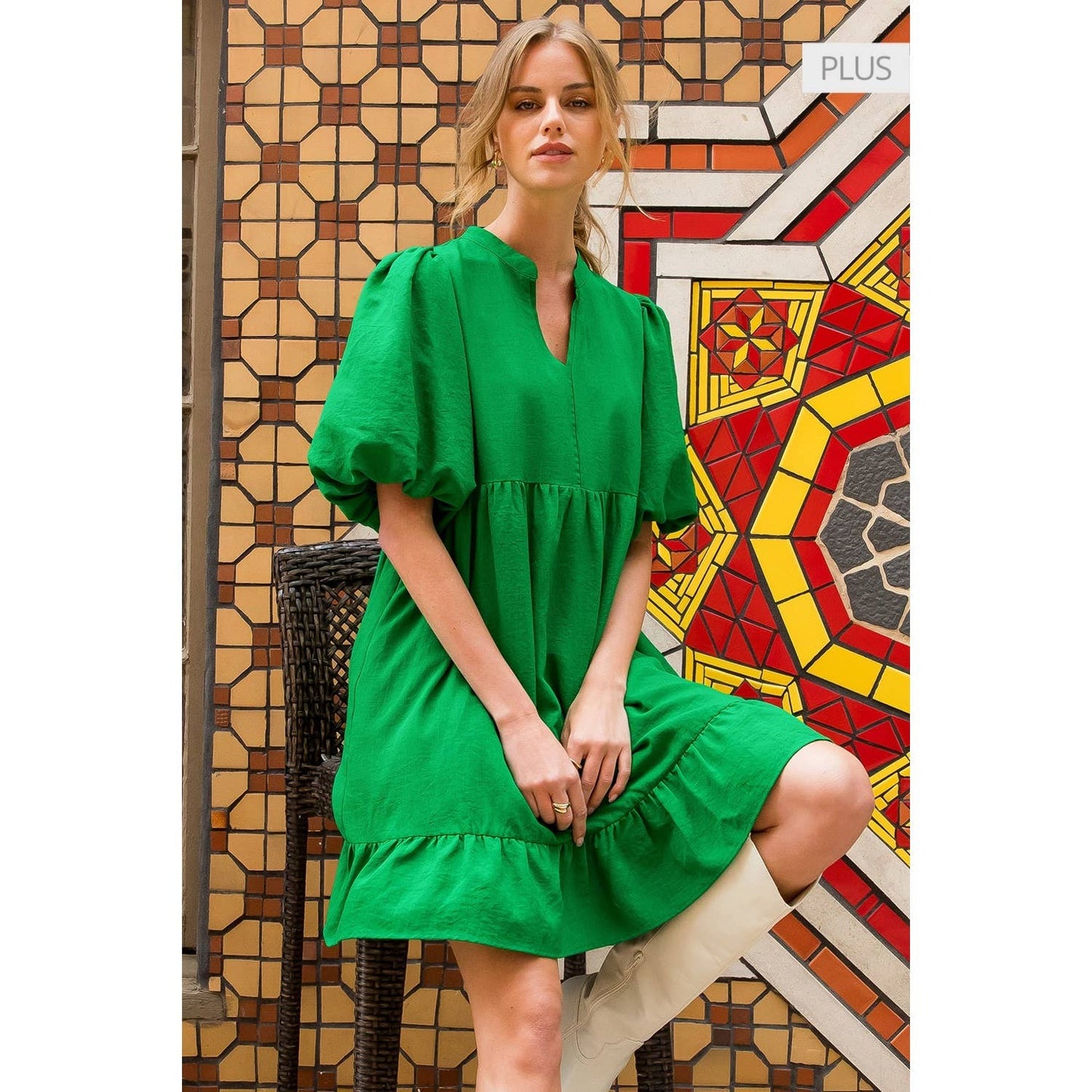 /Size XL/ Babydoll Puff Sleeve Ruffle Hem Mini Dress: GREEN / XL