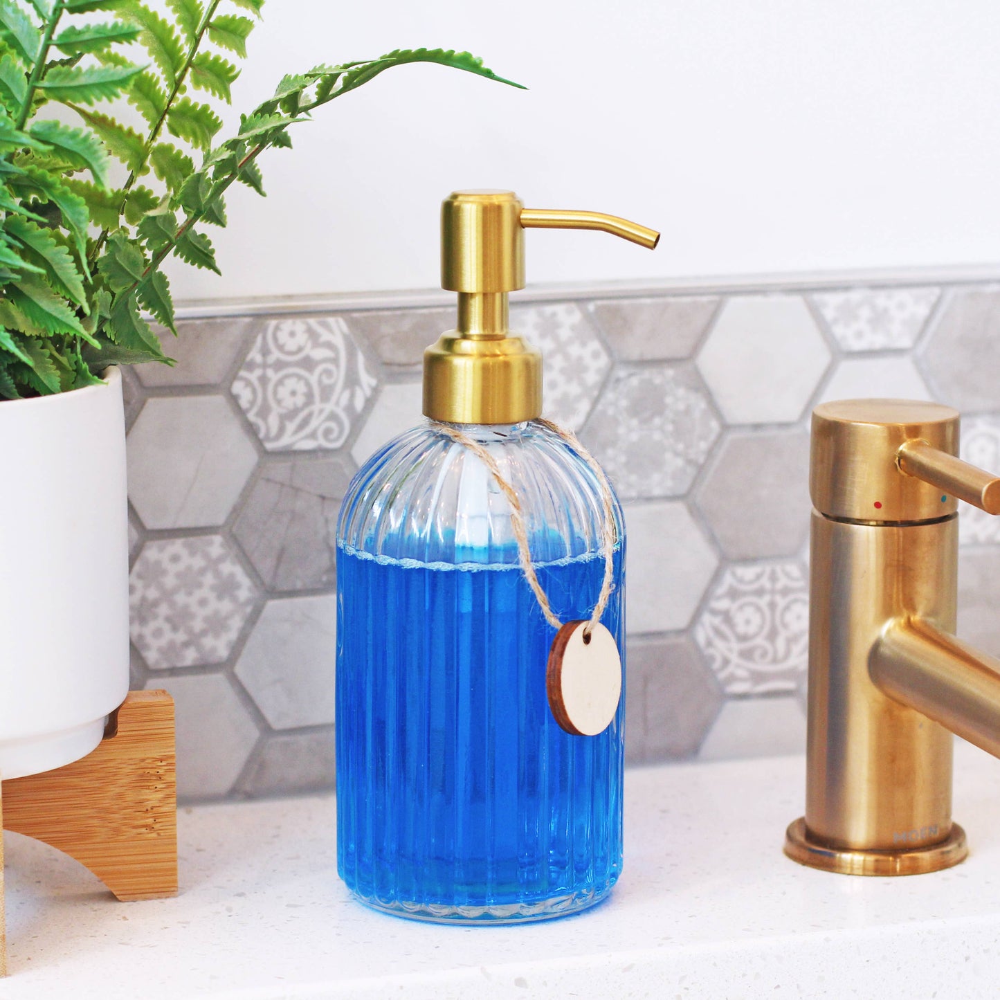 14oz Empty Fluted Glass Lotion/Soap Bottle - Brass Pump