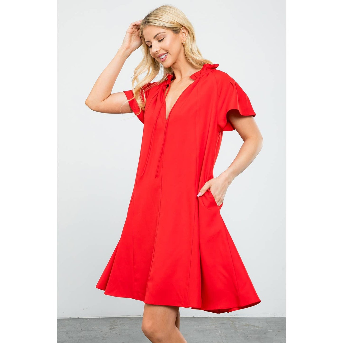 Flutter Sleeve Split Tie Neck Casual Mini Dress: BLACK / XS-S-M-L(1-2-2-1)