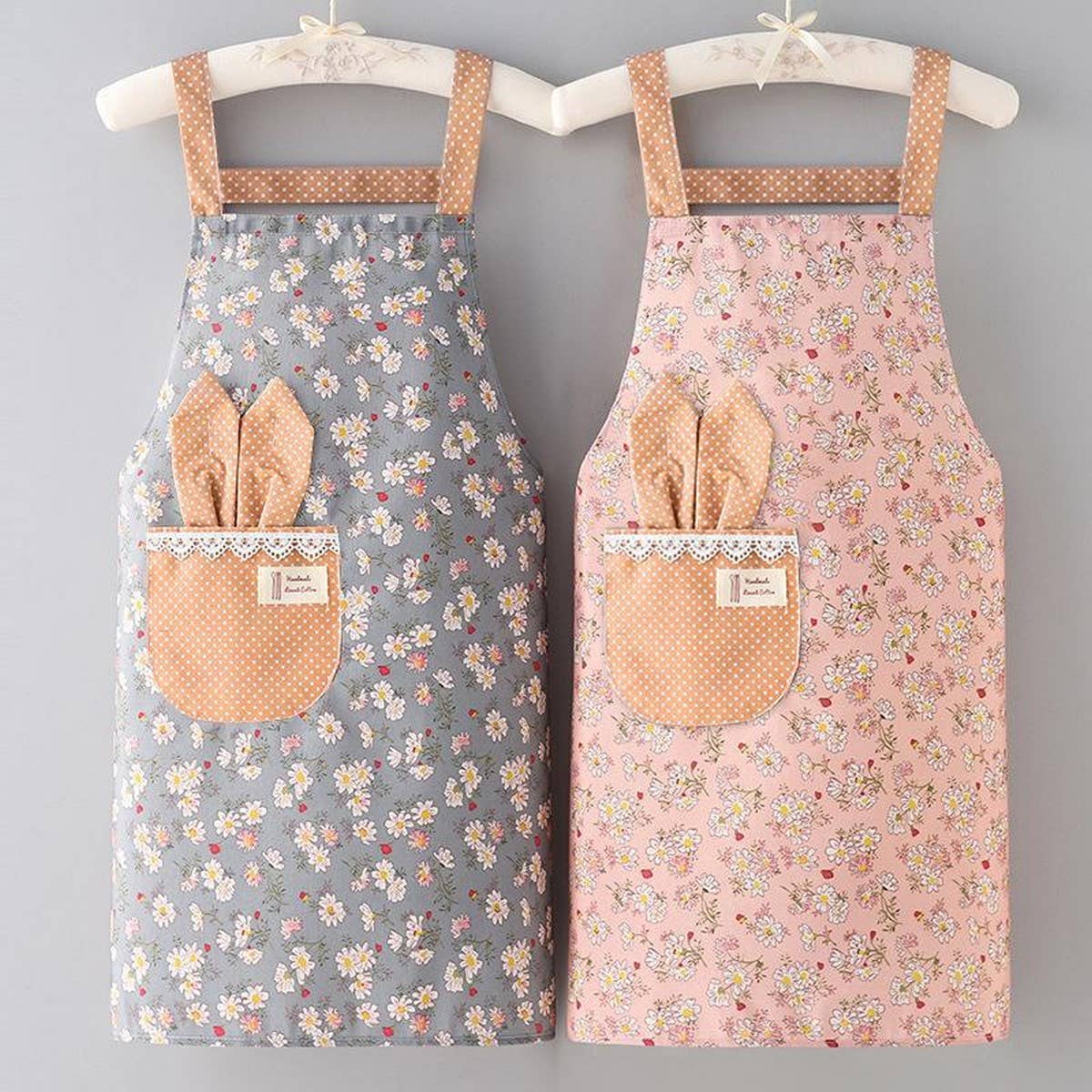 CUTE FLORAL CANVAS BIB APRONS WITH POCKETS_CWMM2049: Green / (OS) 1