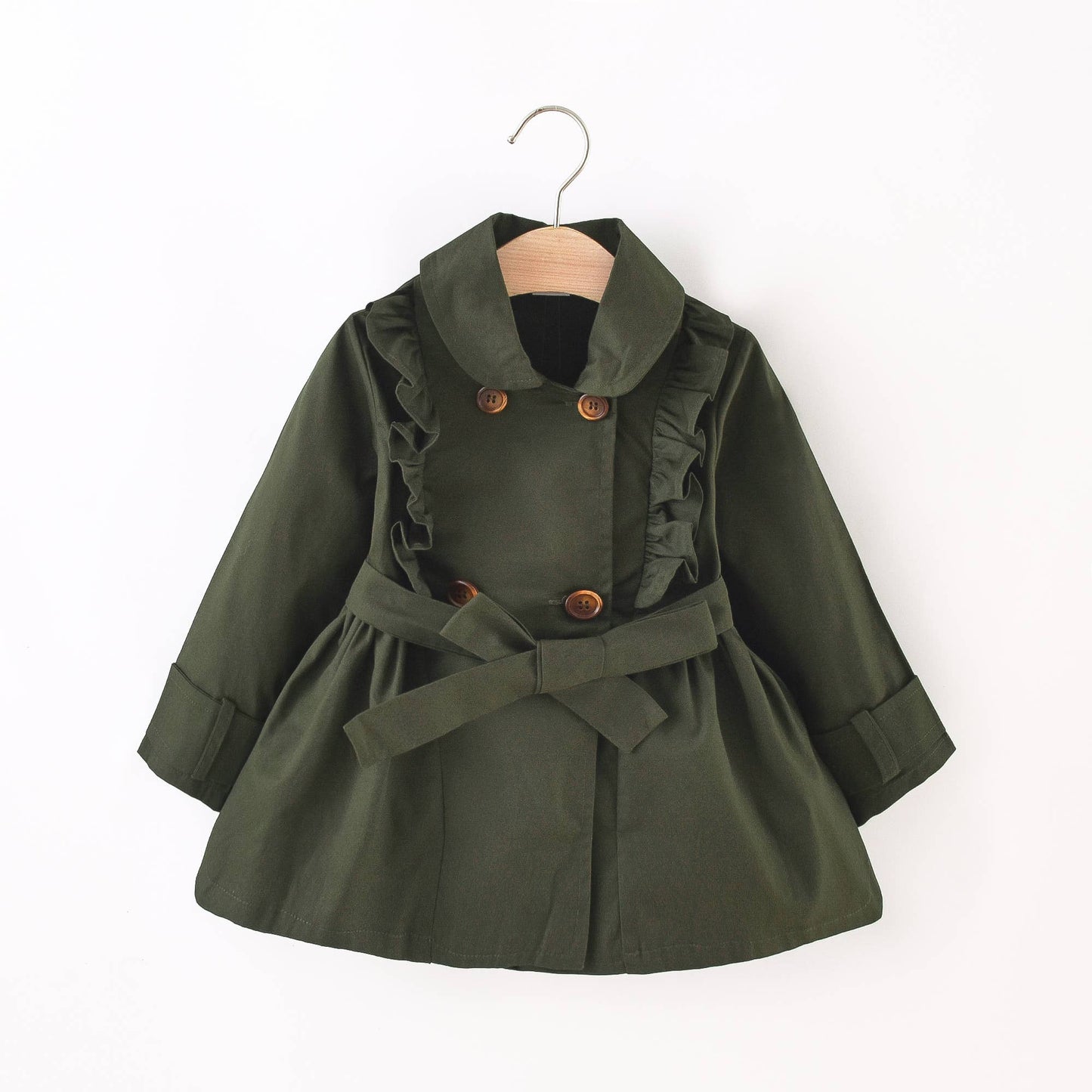 Toddler Girl Doll Collar Ruffled Double Breasted Belted: Dark Green / 18-24 Months