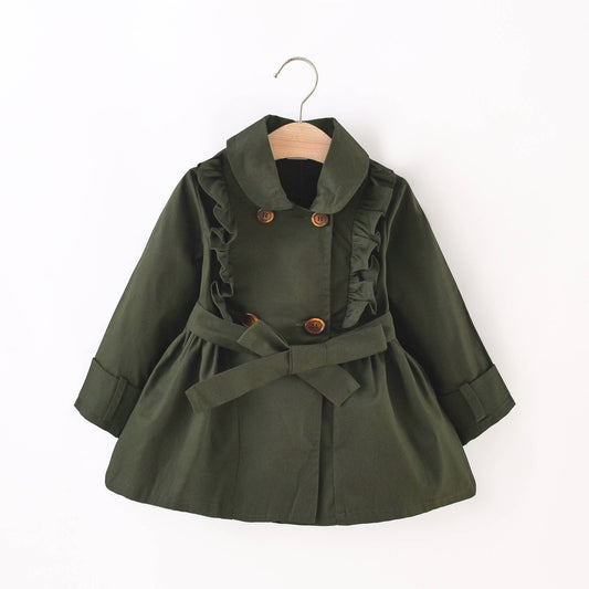 Toddler Girl Doll Collar Ruffled Double Breasted Belted: Dark Green / 18-24 Months