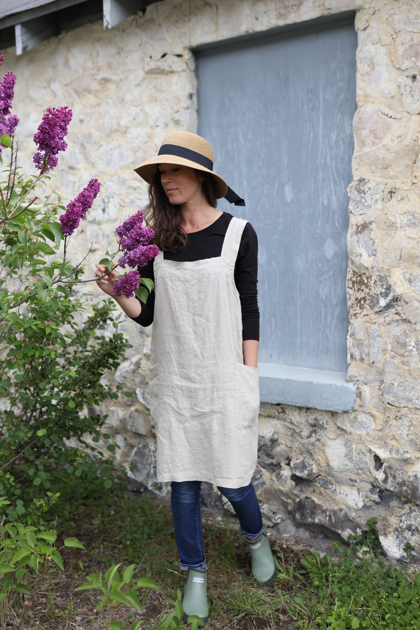Linen Pinafore ( Japanese Apron): Marine blue / One Size ( US 14 and up or for oversized/loose look)