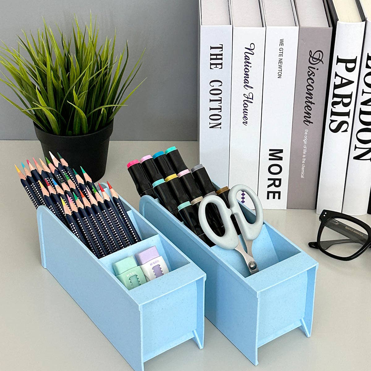 Wrapables Pen Organizer with 4 Compartments Desktop Storage: Large (2pcs) / Clear