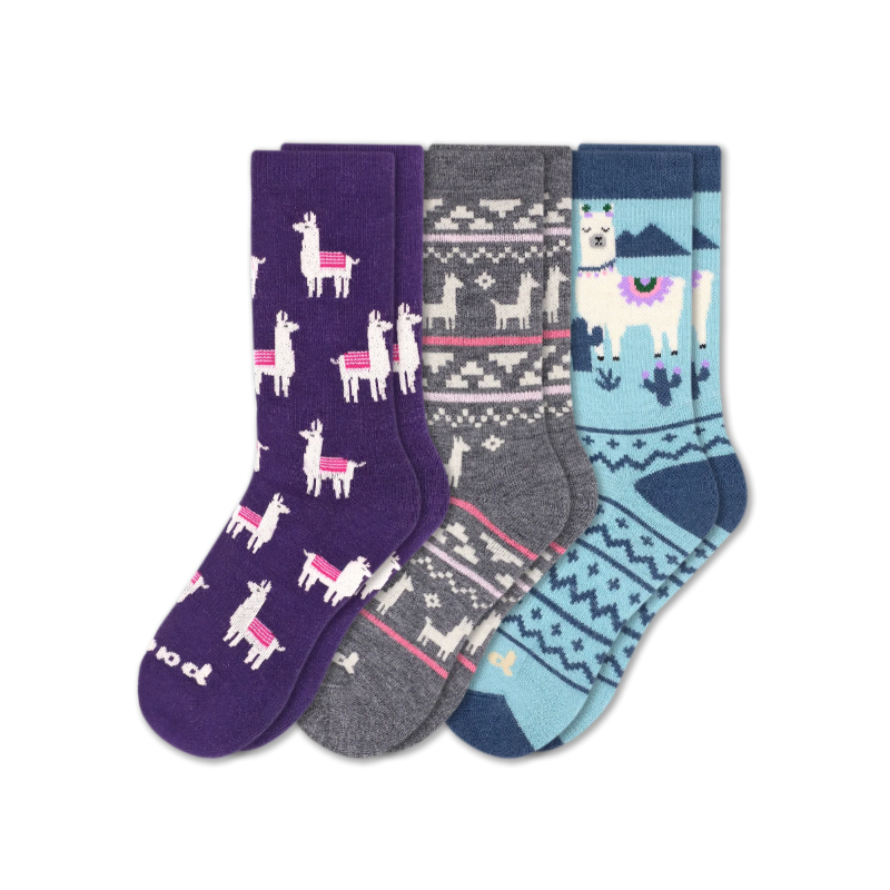 Women's Crew Pacas Socks: ALPACA TRIBAL/Blackberry & THISTLE WINTER ALPACAS & HEARTS/Ivory / Medium / Large (US: 8.5 - 11.5+)