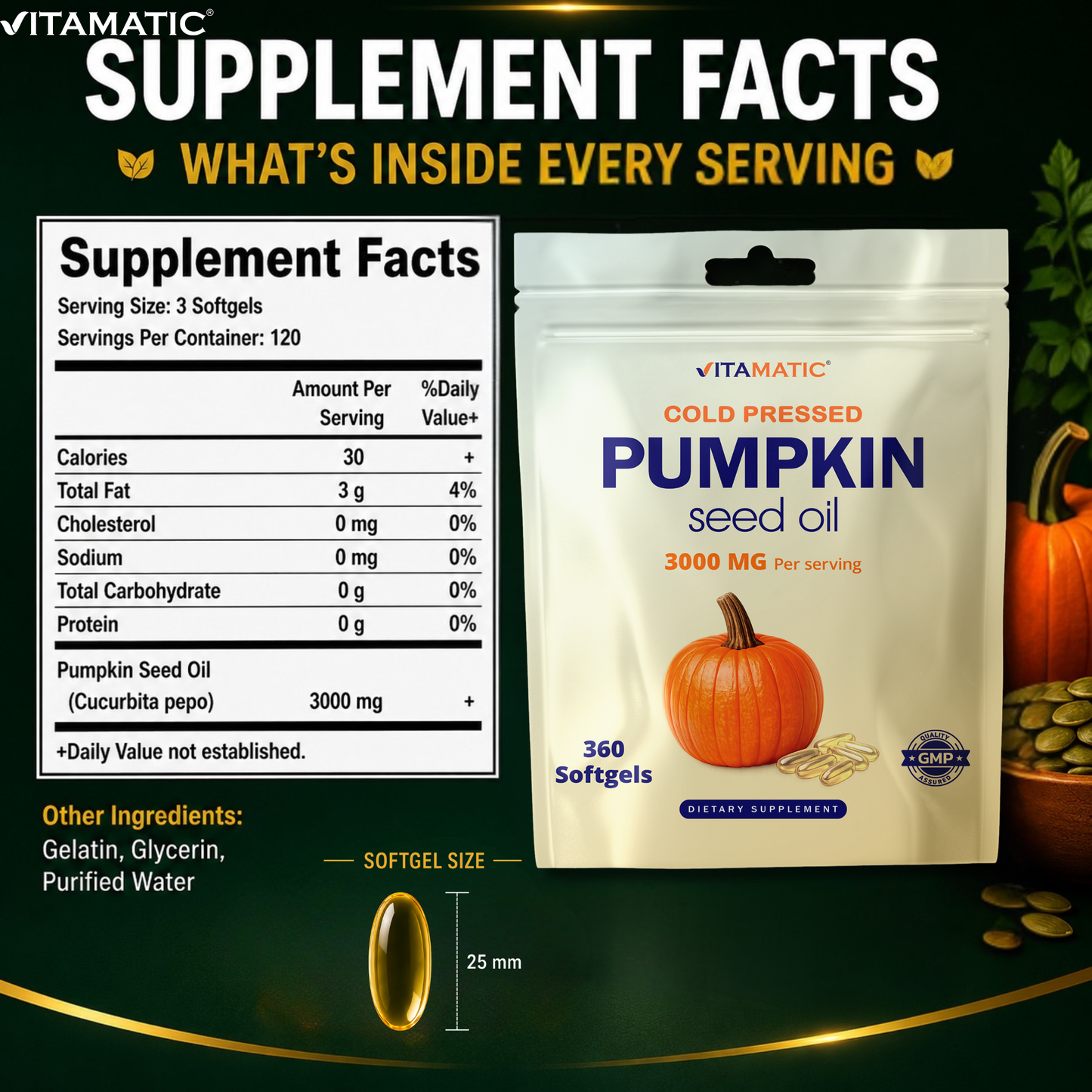Vitamatic Pumpkin Seed Oil 3000 mg per Serving, 360 Softgels