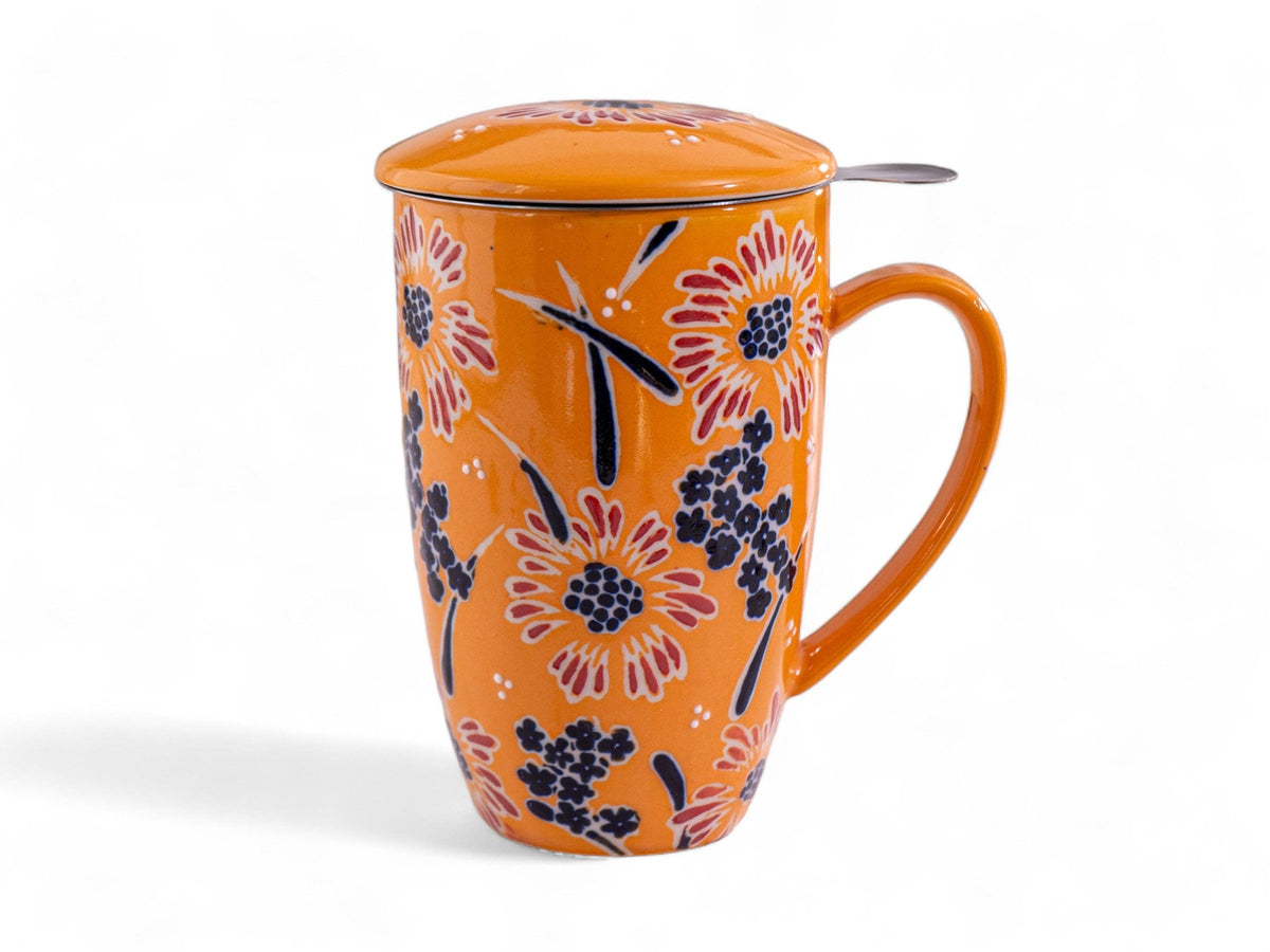 Yellow Flower Porcelain Tea Mug with Lid and Infuser – 15 oz