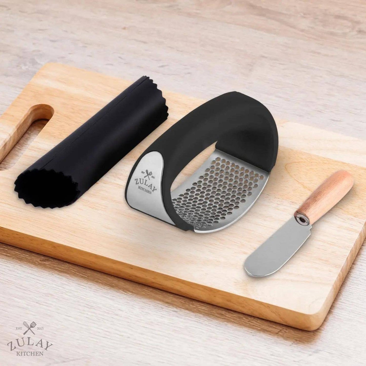 Garlic Press Rocker With Silicone Peeler & Scraper Set: Blue