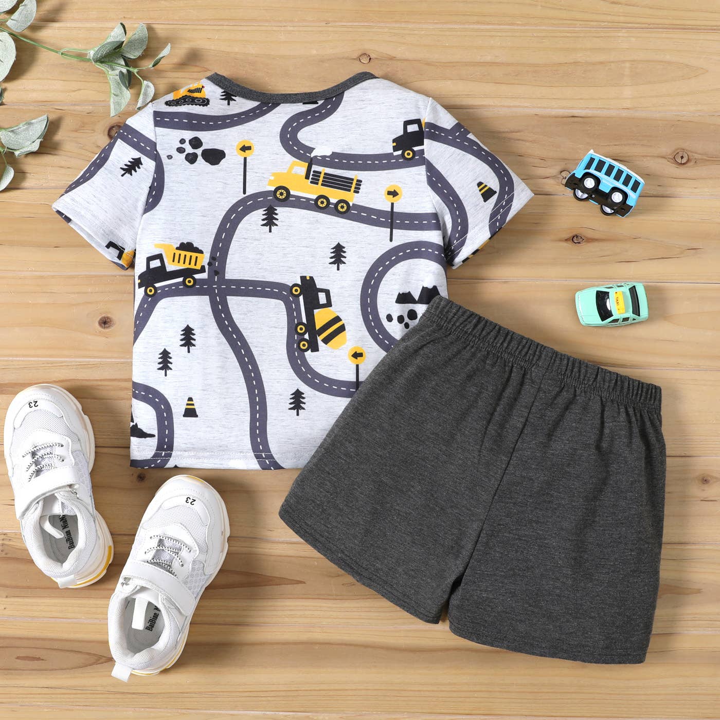 Toddler/Kid Boy Tops and Shorts Set with Vehicle Pattern: Gray / 3-4T