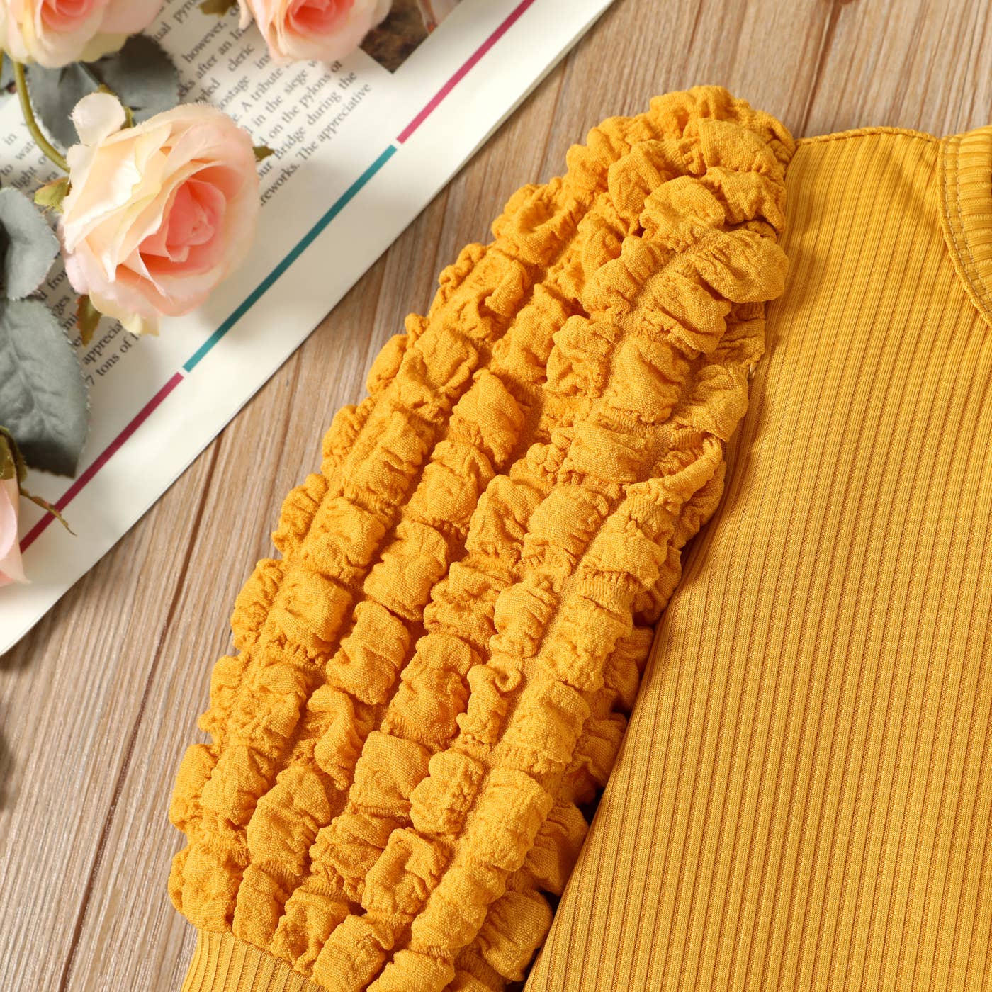 Girl Textured Ribbed Long Puff-sleeve Solid Color Tee: Yellow / 4-5 Years