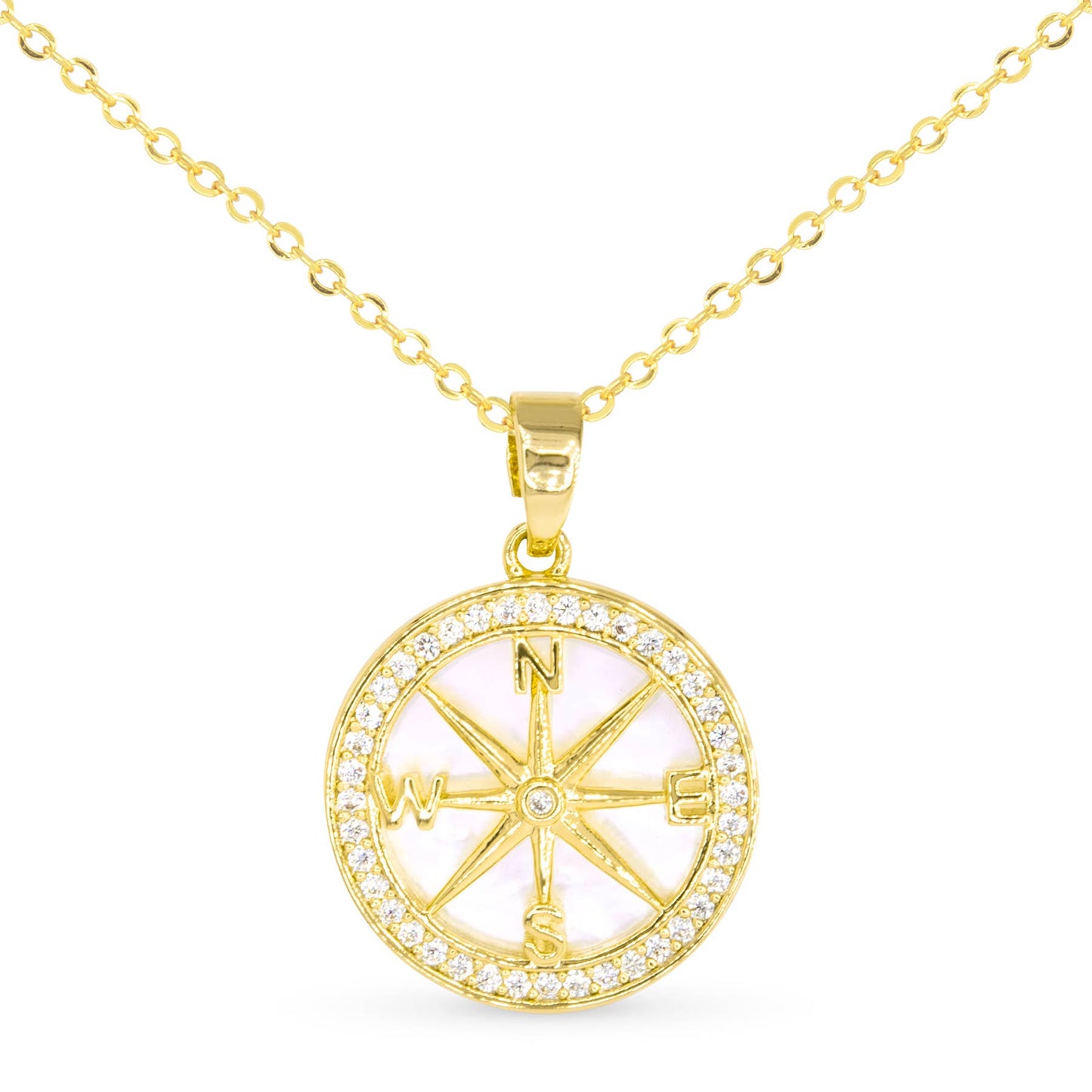 Sparkling CZ & Mother of Pearl Compass Pendant Necklace: 18K Gold Dipped