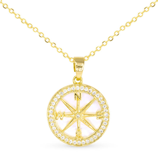 Sparkling CZ & Mother of Pearl Compass Pendant Necklace: 18K Gold Dipped - AMANDA BLU