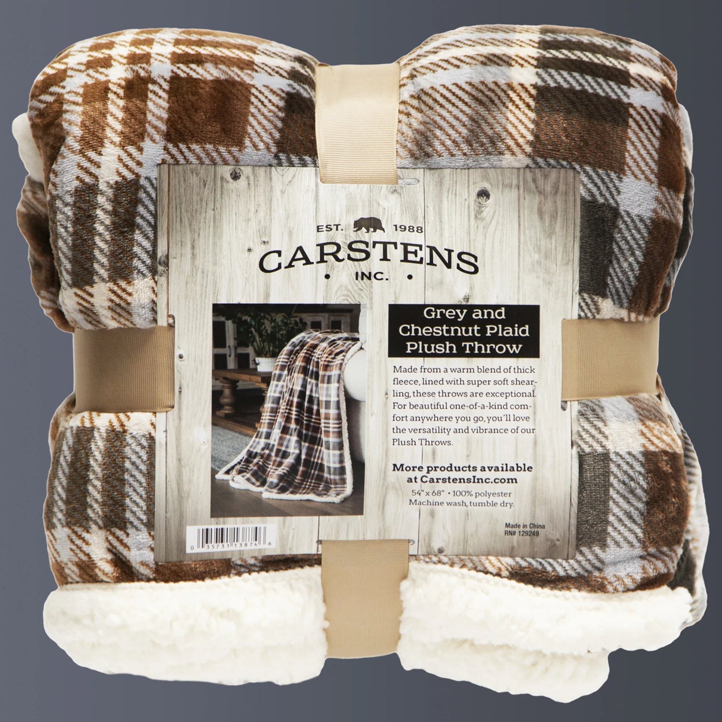 JP930 Carsten's Grey and Chestnut Plaid Plush Throw Blanket