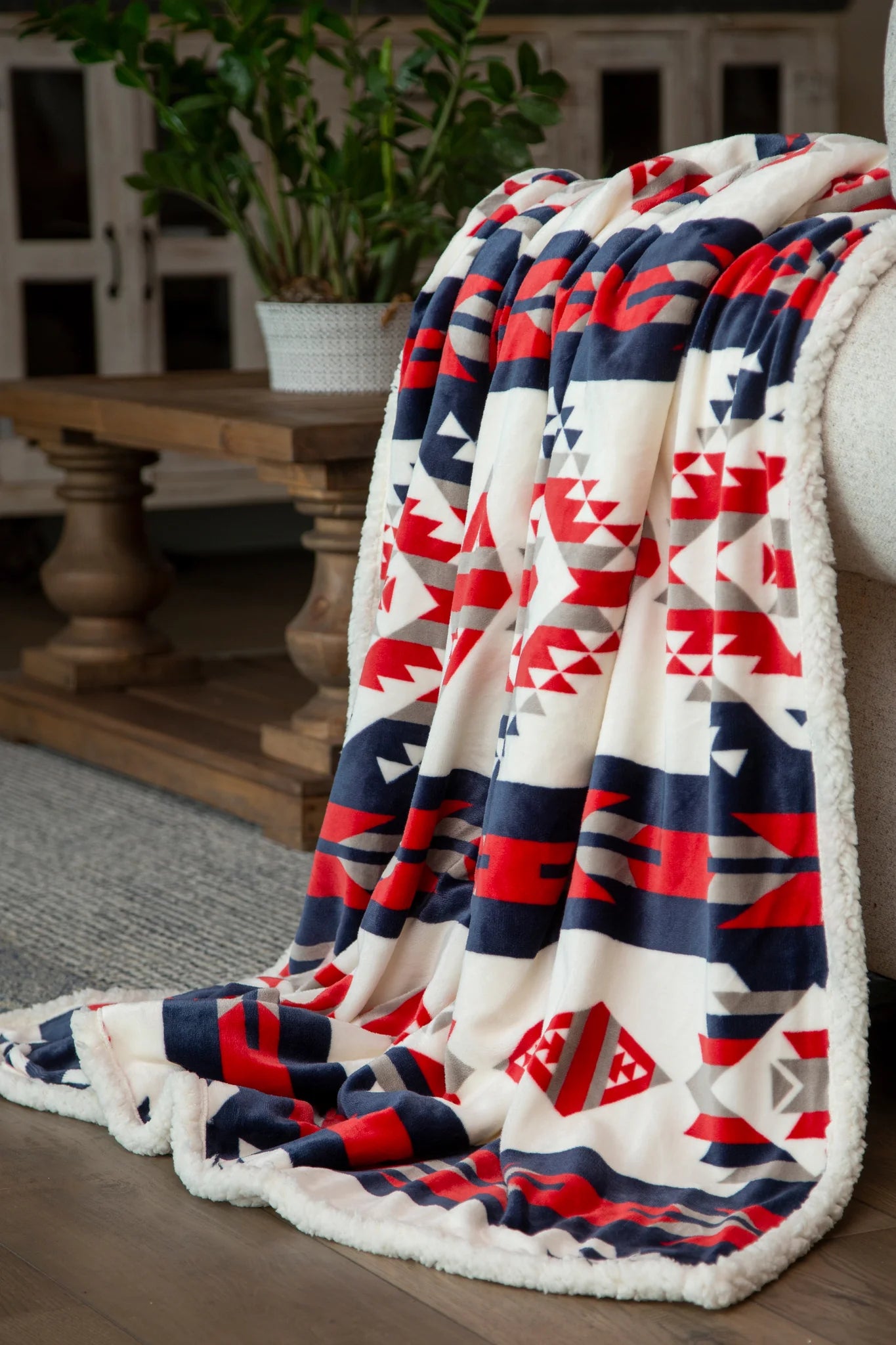 JW298 Carsten's Red, White, and Blue Southwest Plush Throw Blanket