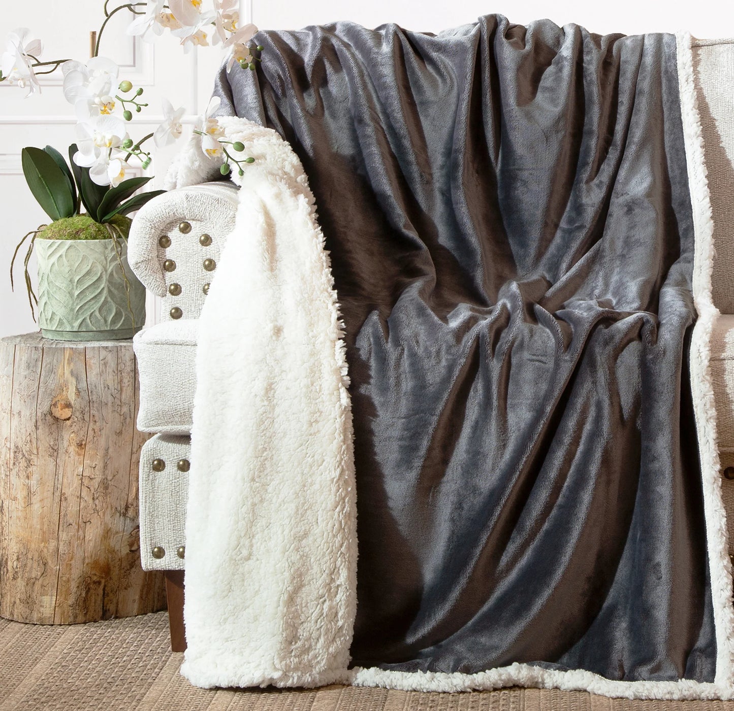 NE506 Carsten's North End Sherpa Throw Blanket Solid Grey