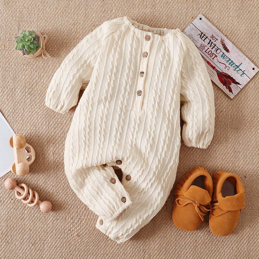 Solid Knitted Button Design Long-sleeve Baby Jumpsuit: 6-9 Months / White