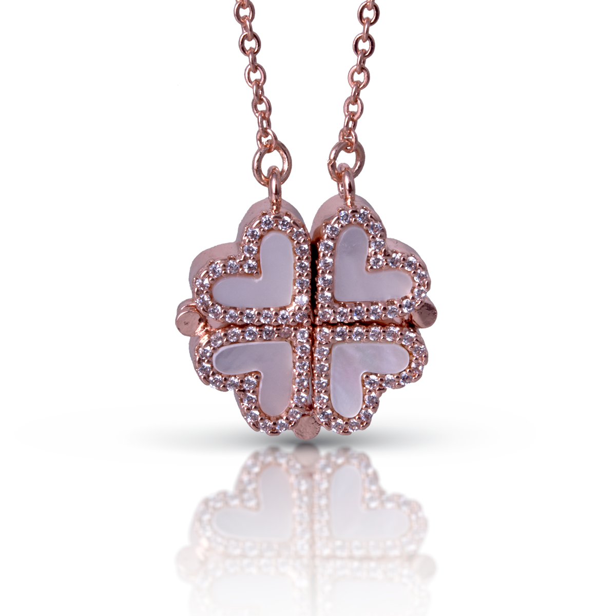 2 in1 CZ lined MOP Heart Flower Necklace - Rose Gold - AMANDA BLU