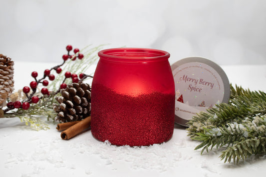 Winter Limited Edition Soy Candles: 16oz Frosted Glitter Jar: Red Glitter - Merry Berry Spice