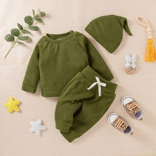 Baby BoyGirl 3pcs Solid Ribbed Long-sleeve and Trouser Set: 0-3 Months / Army green