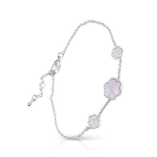Clover CZ/Mother of Pearl Pull-Cord Bracelet - Silver