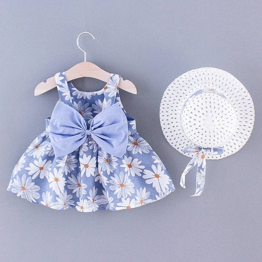 2pcs Baby Girl  Daisy Floral Tank Dress with Hat Set: 9-12 Months / Blue