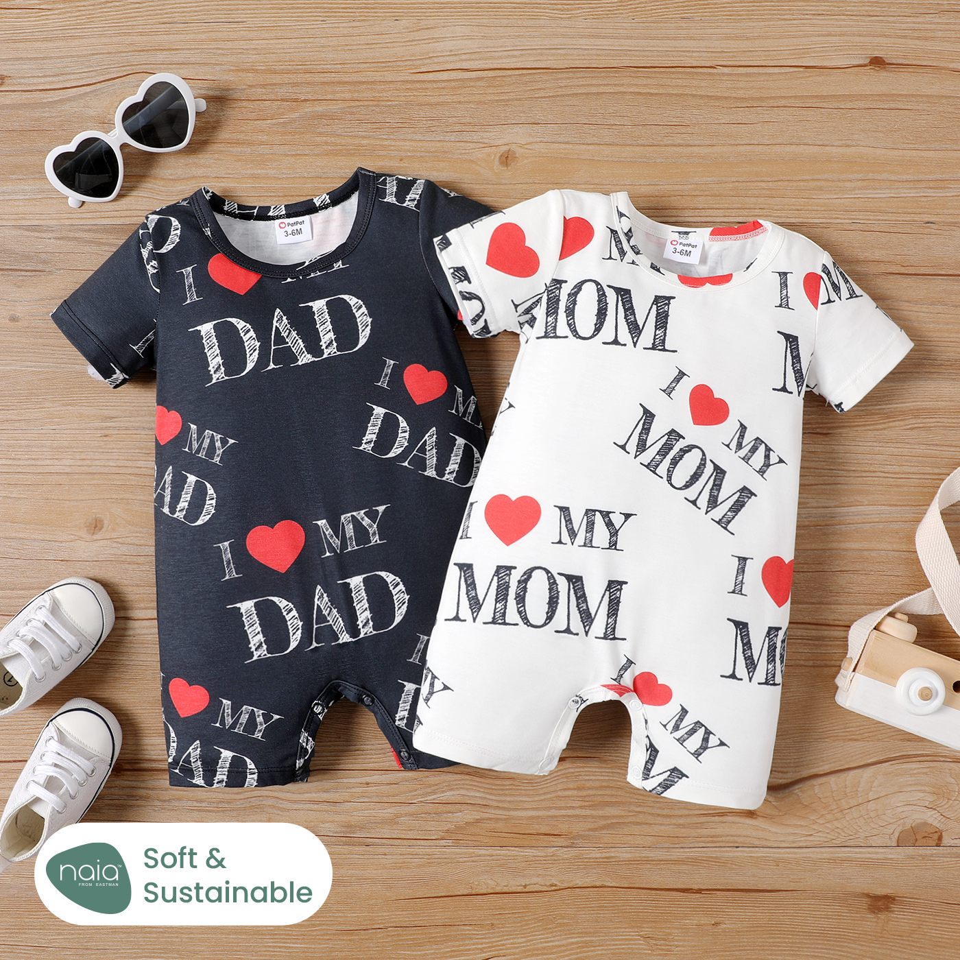 Baby Boy/Girl Allover & Heart Short-sleeve Naia™ Romper: 6-9 Months / Black