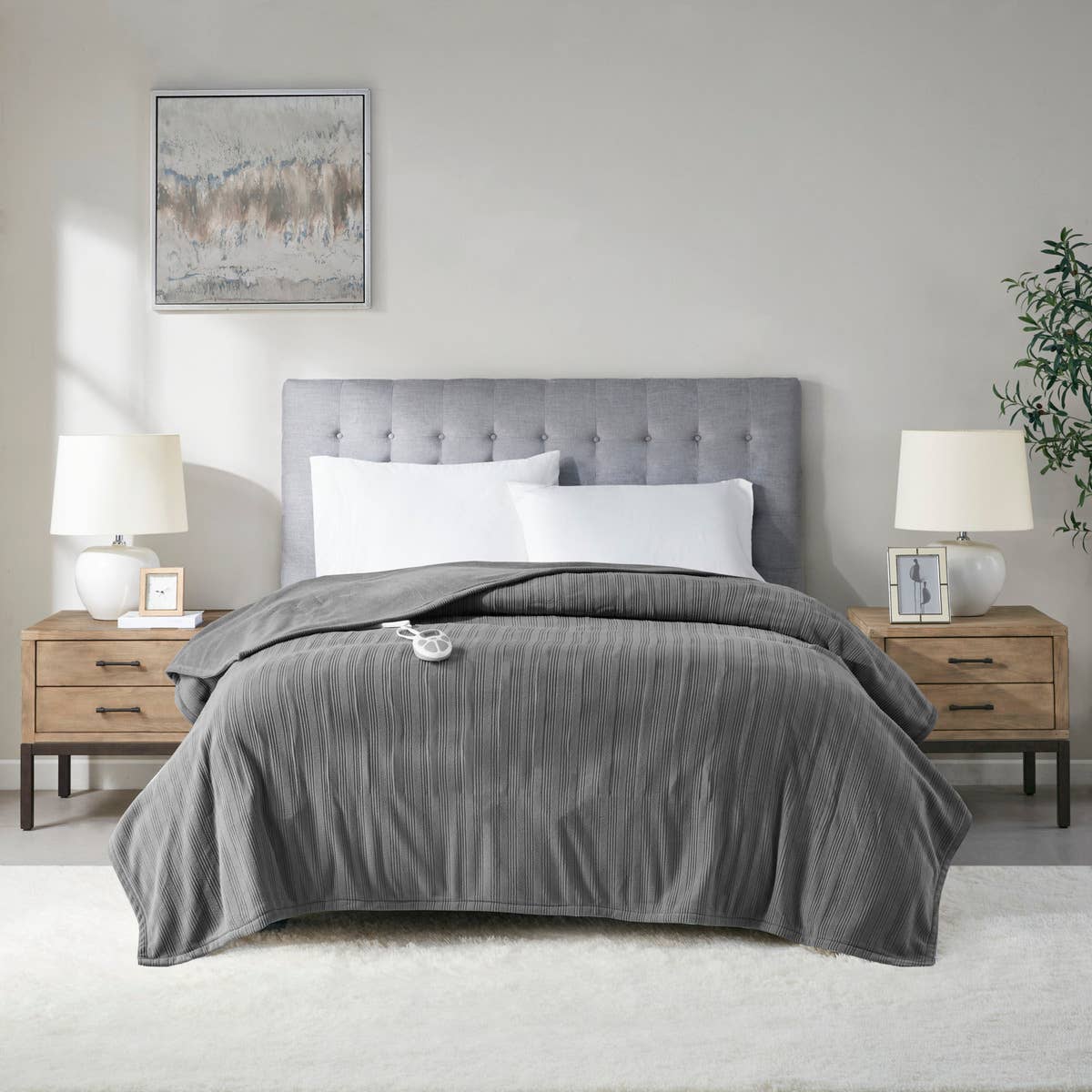 Heated Ribbed Fleece Electric Bedding Blanket, Grey: King