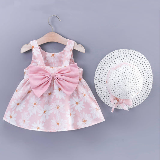2pcs Baby Girl  Daisy Floral Tank Dress with Hat Set: 3-6 Months / Pink