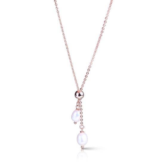 Double Drop Pearl Necklace - Rosegold/White - AMANDA BLU