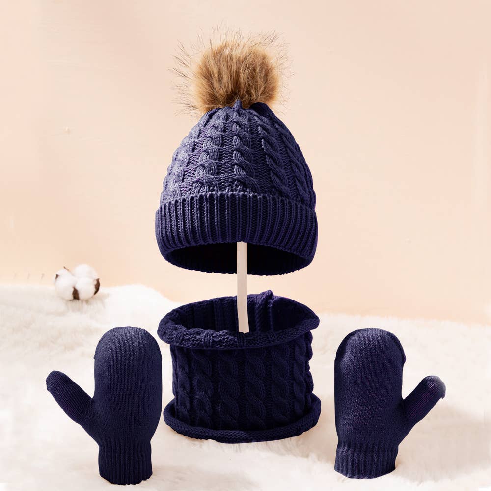 3-pack Baby / Toddler Knit Beanie Hat Scarf Mittens Set: One Size / Dark Blue