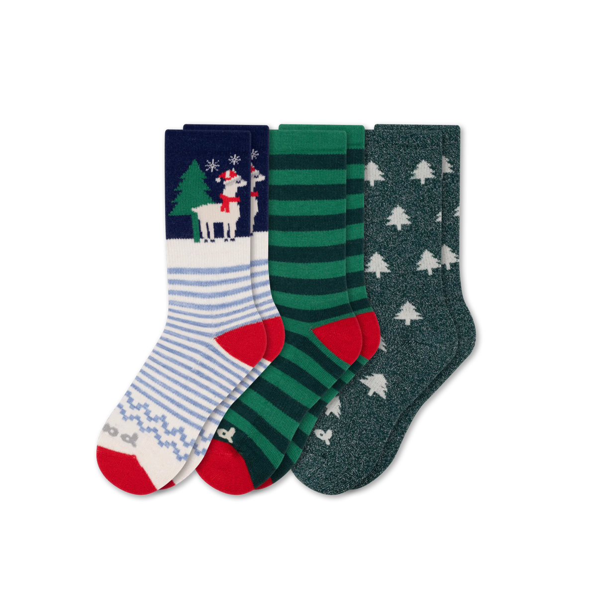 Women's Crew Pacas Socks: Medium / Large (US: 8.5 - 11.5+) / HOLIDAY/ Red Santa Alpaca & HOLIDAY/ Green Tree & HOLIDAY/ Green/ Red Stripe