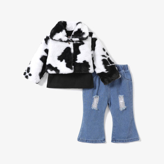 3-Pack Baby Girl Cow Print Faux Fur Coat and Jeans Set: Multi-Colored / 6-9M