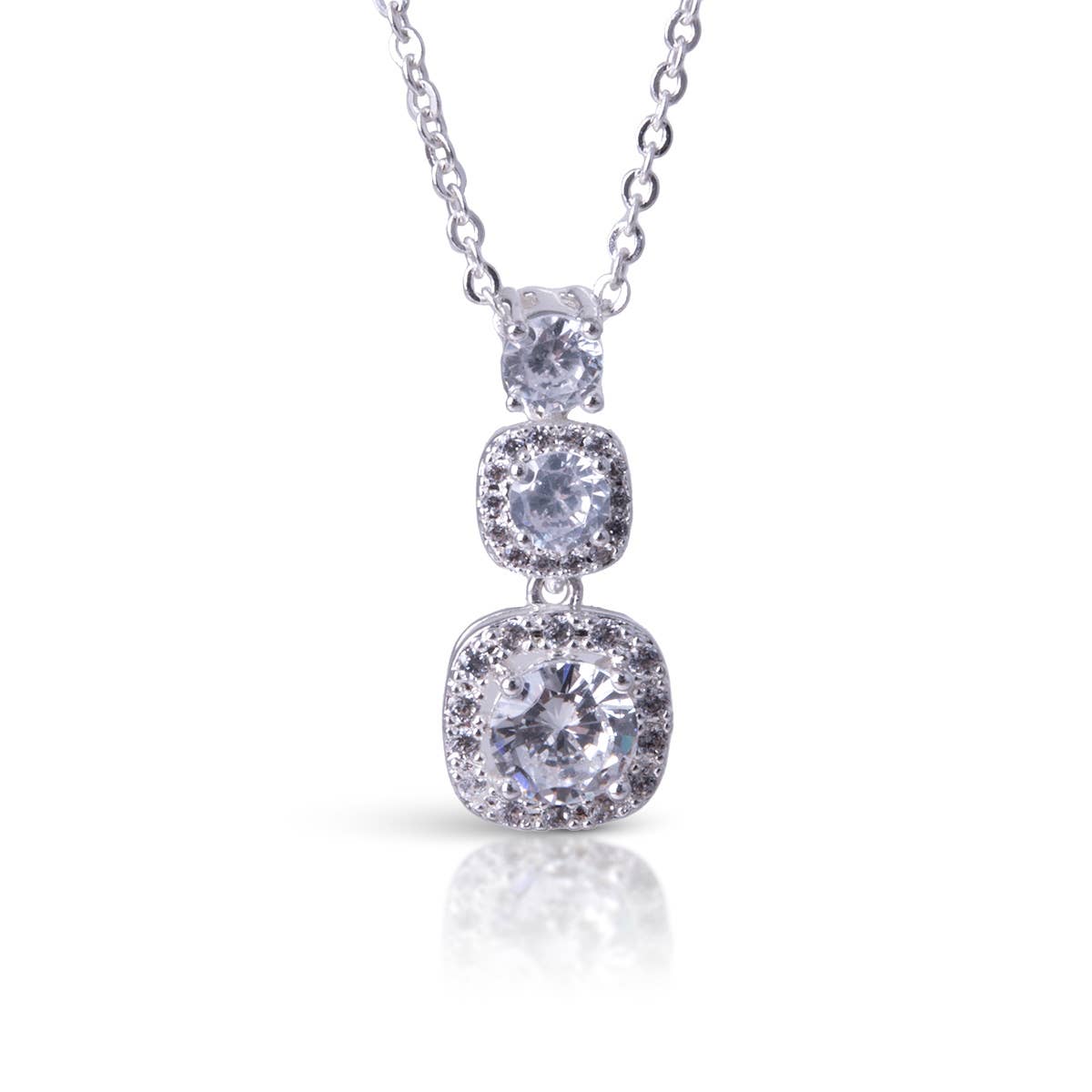Graduated Drop CZ Halo Necklace - Silver - AMANDA BLU