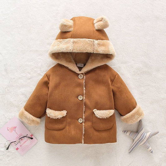 3D Ear Solid Suede and Fleece Baby Hooded Coat Jacket: 12-18 Months / Coffee