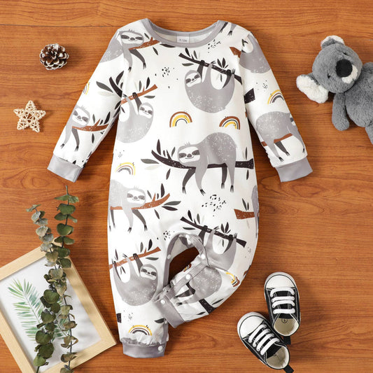 Baby Boy Cartoon Sloth Print White Long-sleeve Jumpsuit: 9-12 Months / White