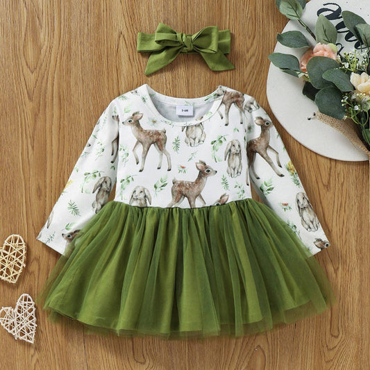 2pcs Baby All Over   Long sleeve Splicing Mesh Dress Set: 12-18 Months / Pale Green