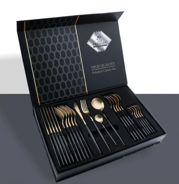 24pcs Tableware Set: Black Gold