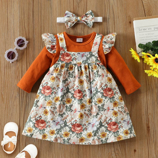 3pcs Floral Print Long-sleeve Baby Romper Set: Brown / 3-6 Months