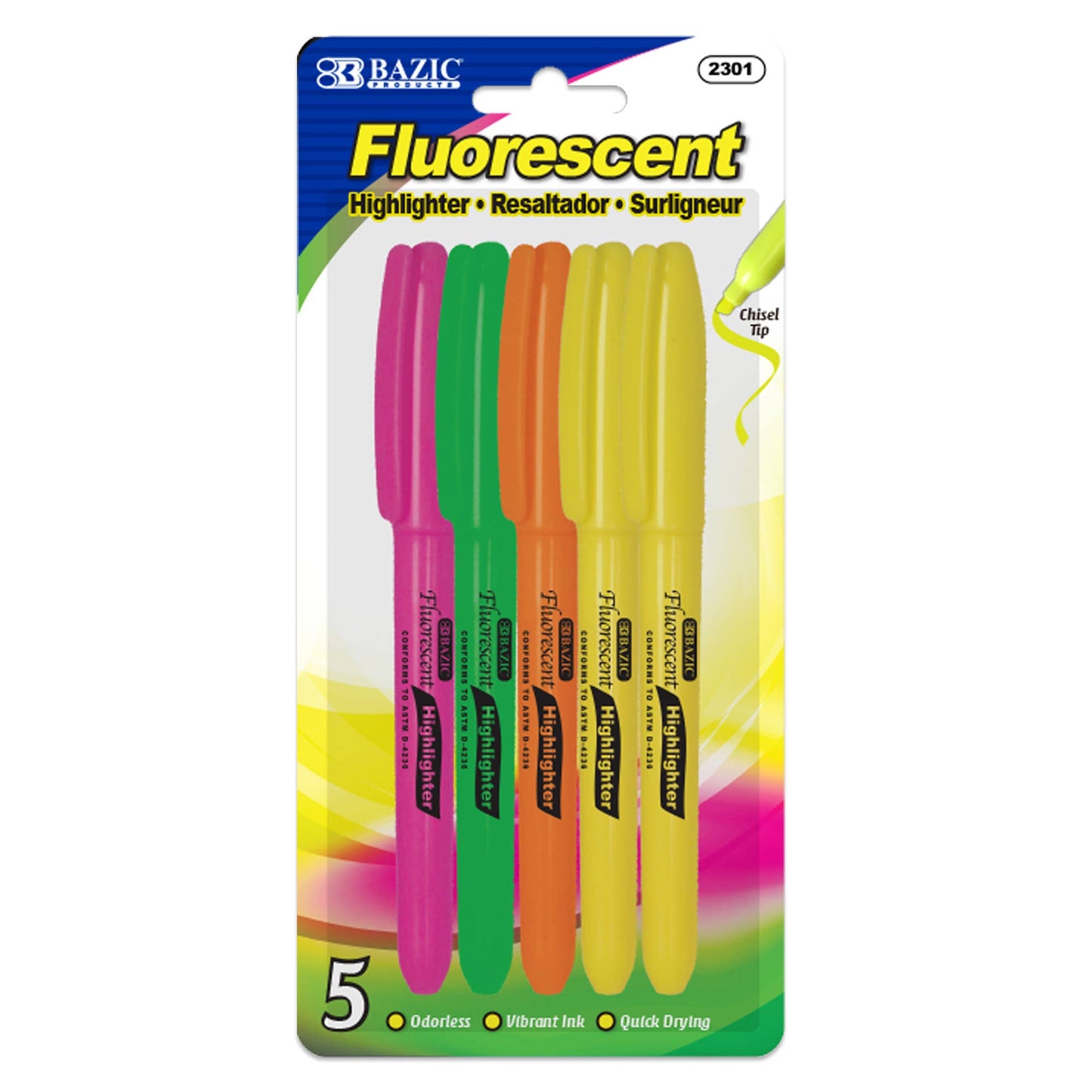 Pen Style Fluorescent Highlighter Asst Color (5/Pack)